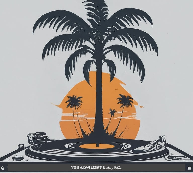 Retro record player with palm trees and the sun in the background