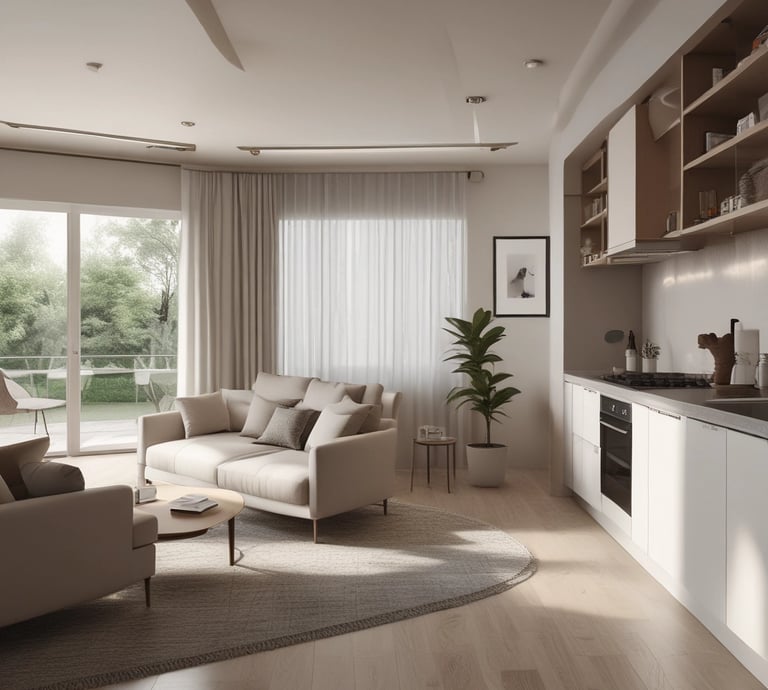 A detailed architectural model features several modern buildings arranged in a complex. The structures have geometric designs with large windows and beige exteriors. Scale model trees with light foliage are interspersed between the buildings, all placed on a grid-patterned surface that simulates an urban planning layout.