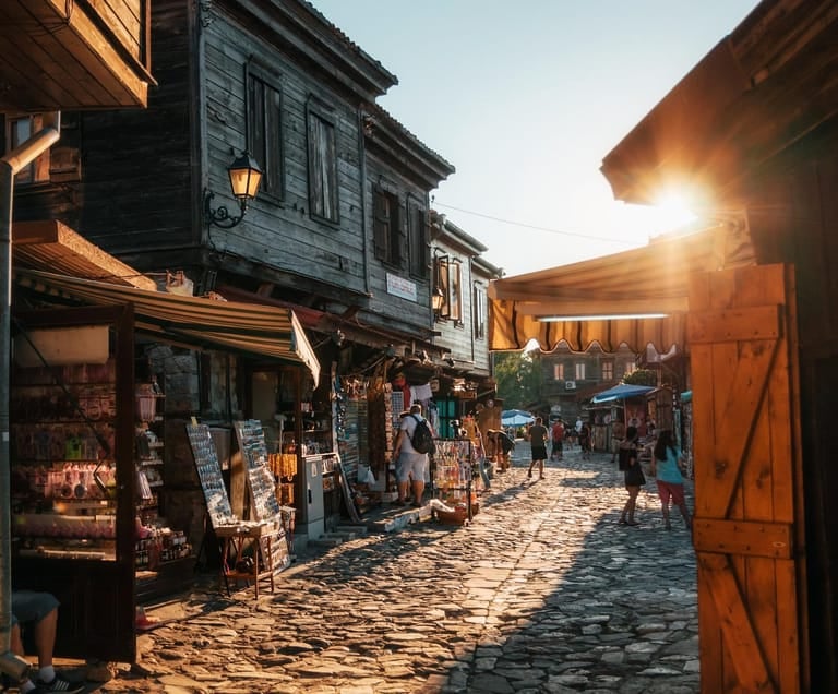 a street scene with a cobblestone road and a cobblestone road