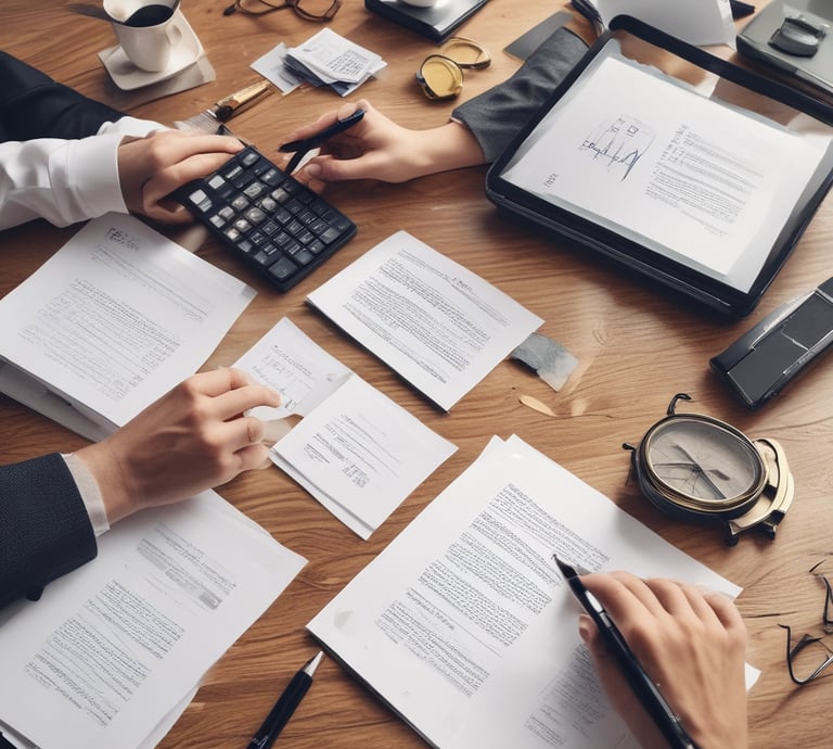 A young woman wearing glasses and a navy scarf stands in the foreground, holding textbooks labeled with accounting terms. She is dressed in a light blue uniform. In the background, a group of students are engaged in activities such as reading books and discussing among themselves, set against a brick building.
