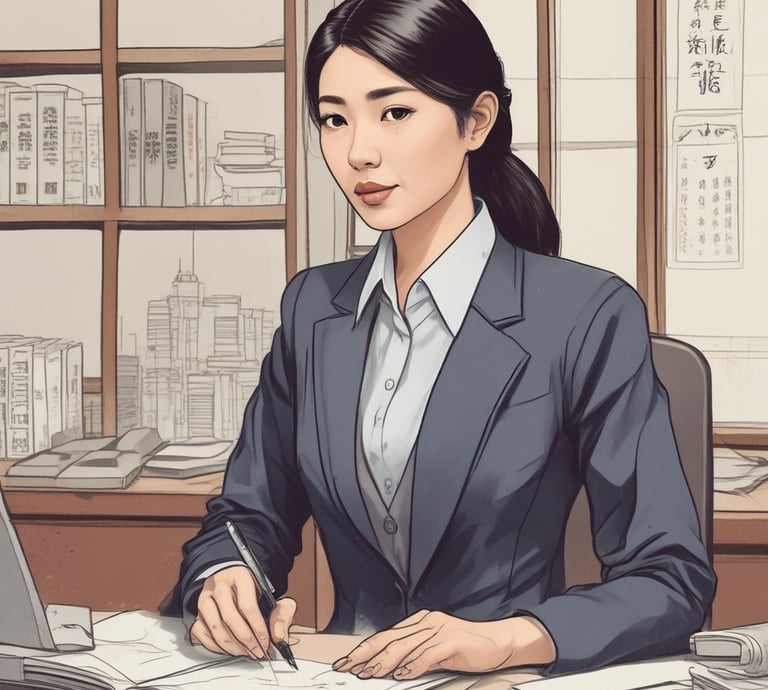 A young woman wearing glasses and a navy scarf stands in the foreground, holding textbooks labeled with accounting terms. She is dressed in a light blue uniform. In the background, a group of students are engaged in activities such as reading books and discussing among themselves, set against a brick building.