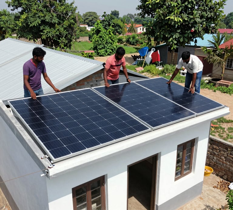 A bright rooftop solar panel installation basking in sunlight under a clear blue sky.