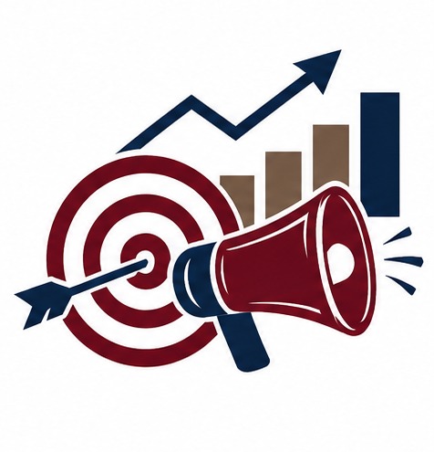 A marketing icon featuring a target with an arrow, a megaphone, and an upward-trending bar chart