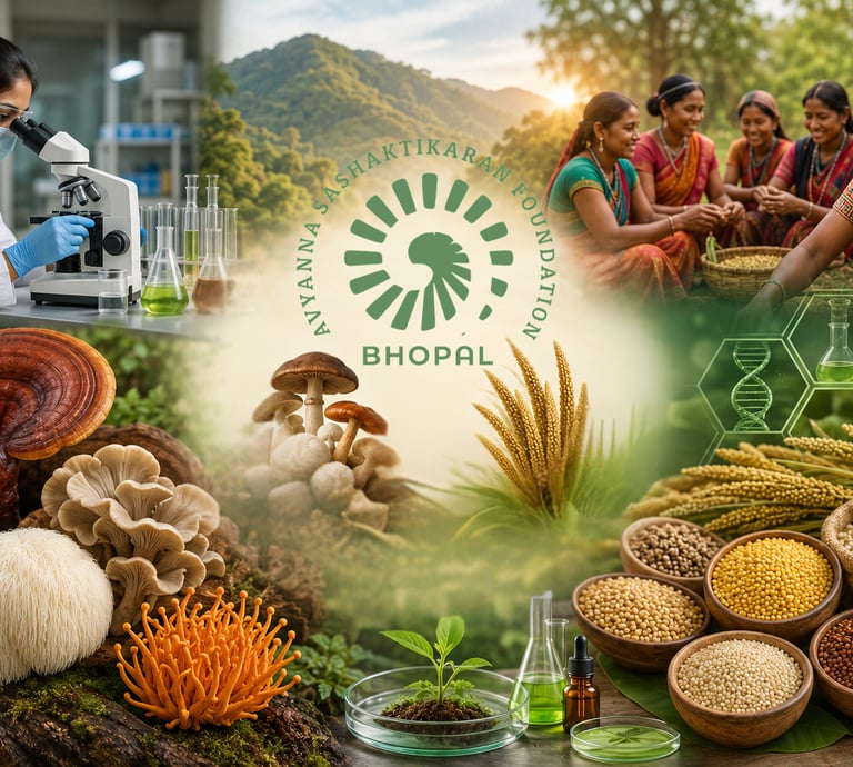 Indian women farmers and scientists collaborating on medicinal mushroom and organic grain research.