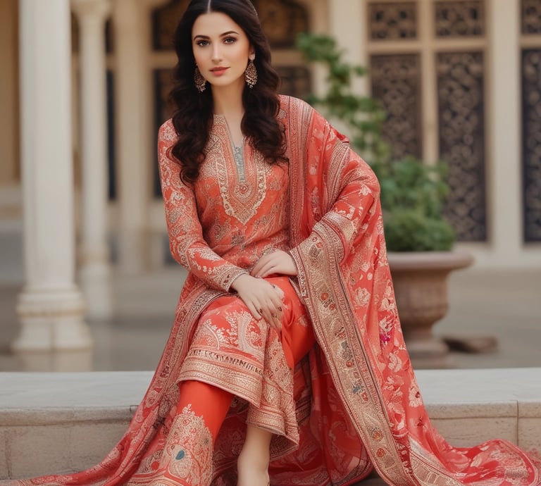A collection of beautifully draped Pakistani suits displayed on elegant mannequins.