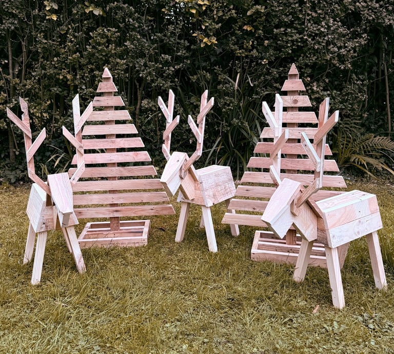 a group of wooden chairs with wooden chairs