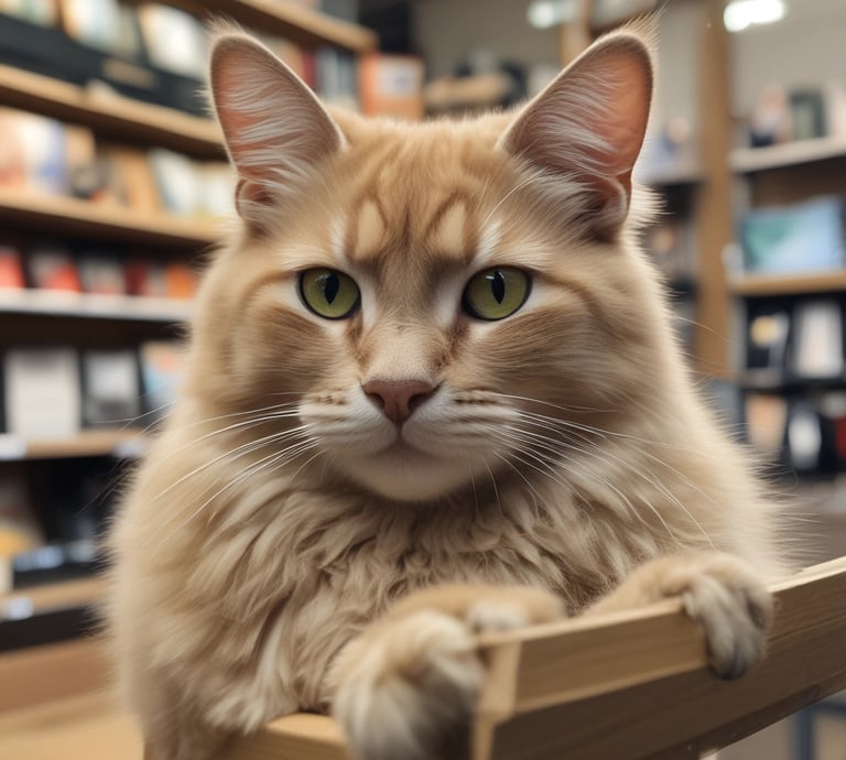 A fluffy dog with a dark coat is sitting on a glass counter in a pet store. The store shelves in the background are stocked with various pet food bags and containers. The dog's mouth is slightly open, showing its teeth, and it appears to be looking directly at the camera. Overhead lights are visible, creating a cozy atmosphere.