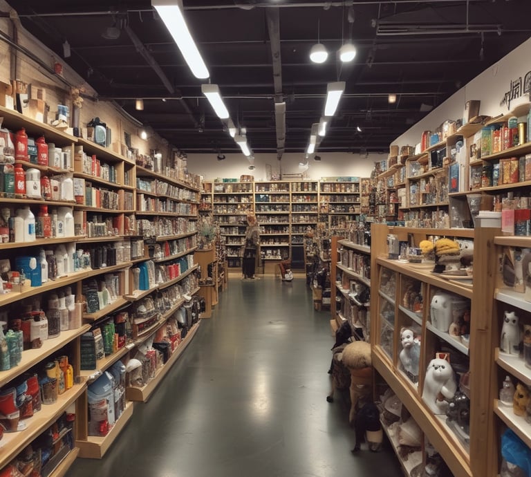 A colorful pet store section with a vibrant blue and yellow floral theme. Shelves are filled with pet party kits, grooming products, and toys. A plush cushion shaped like a flower with a smiley face is placed in the corner along with stuffed animals resembling dogs and lions. The area is labeled as 'Pet Zone' with a prominent sign.