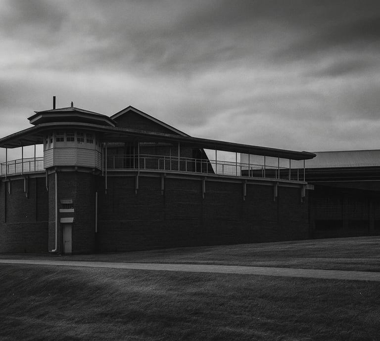 Black and white photo of Boggo Road Gaol with dark skies, creating a moody, haunted atmosphere.