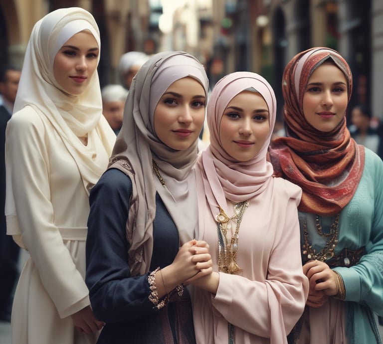 A stylish woman in a deep burgundy hijab and tailored blazer walking confidently through a bustling city street.