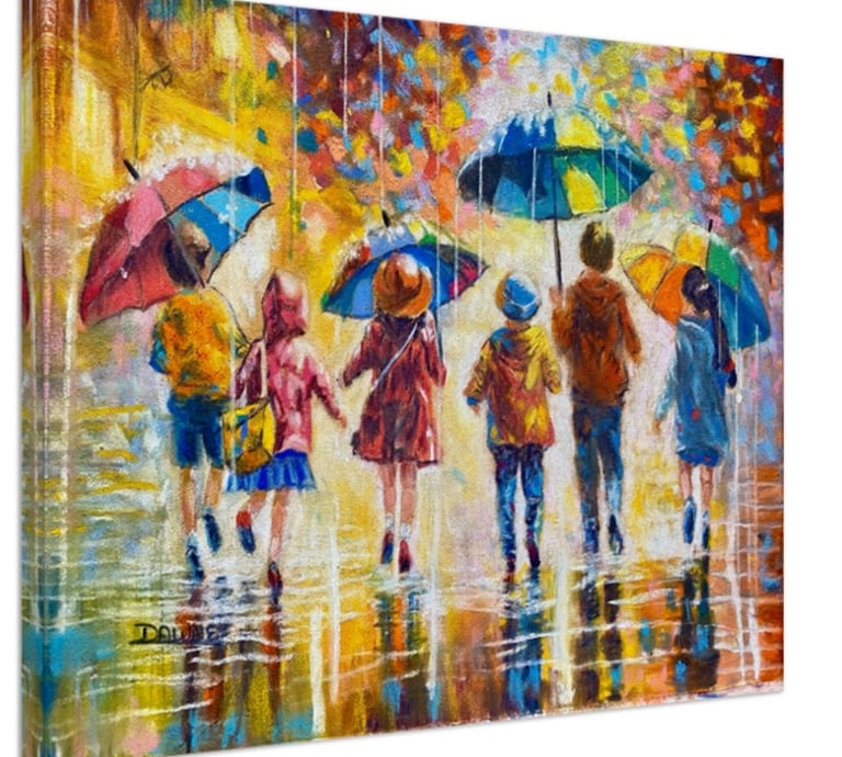 Children in the Rain pastel painting