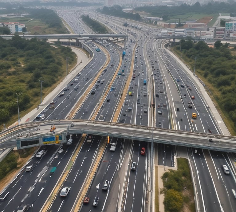 A modern cityscape with busy roads and vehicles.