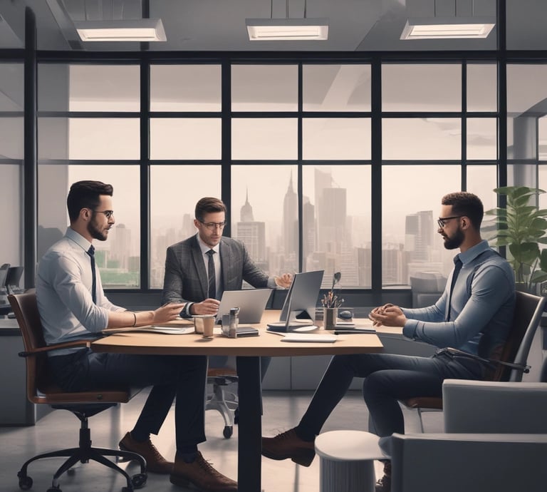 A dynamic team meeting in a modern office setting.