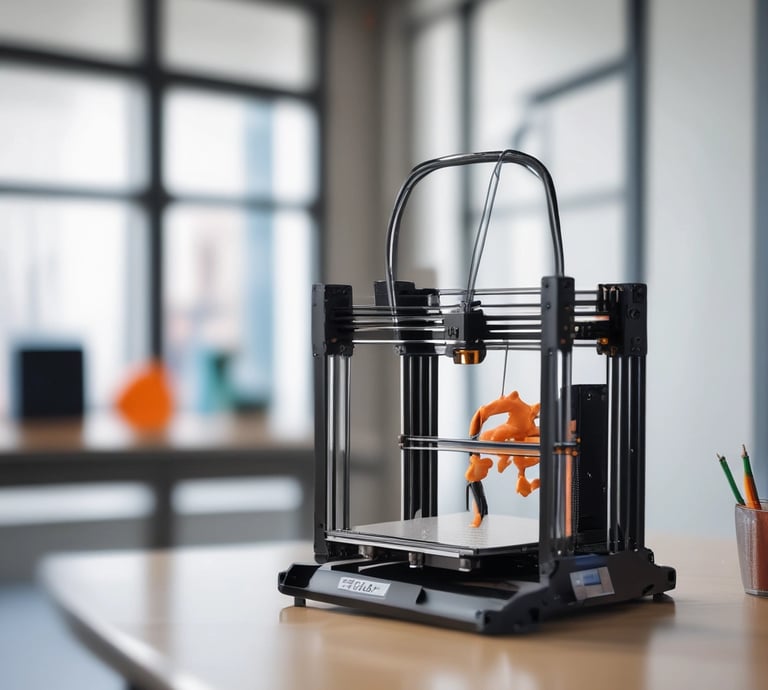 A 3D printer is producing a miniature gray model of the Eiffel Tower. The printer has a sleek design with a metallic surface and a transparent casing that reveals the internal mechanics.