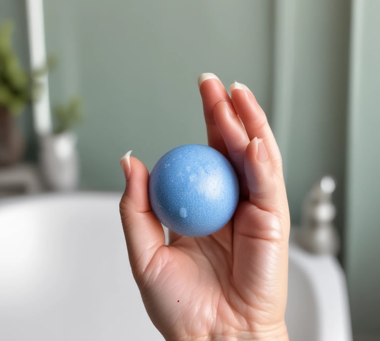 A hand holds a blue box labeled 'CBD Bath Bomb' with the words 'Sensual Passion Romance.' Another hand holds a round, light orange bath bomb. Pink flowers float on the water in the background, partially visible in the tub.