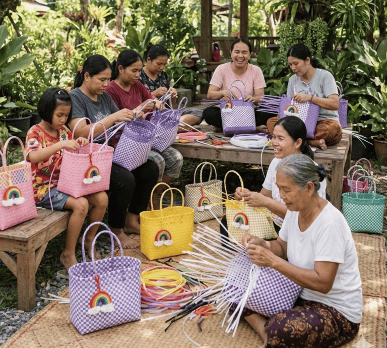 Pengrajin lokal Craftvitas Indonesia sedang menganyam tas anyaman jali-jali handmade dari plastik daur ulang