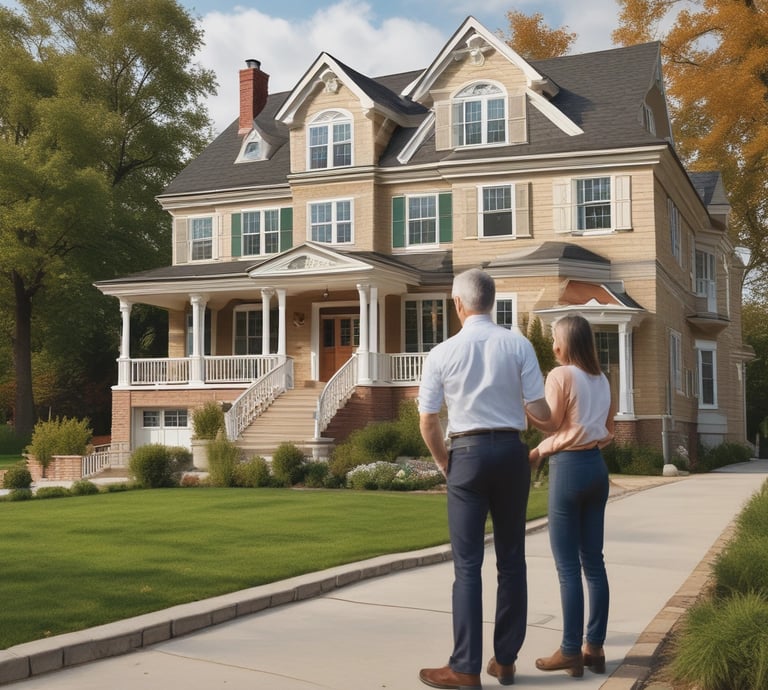 An aerial view of a luxury waterfront property with a contemporary architectural style featuring geometric shapes and a terracotta-colored roof. A sleek white boat navigates the adjacent dark green water. A rectangular swimming pool is visible in the backyard, surrounded by palm trees and a patio.