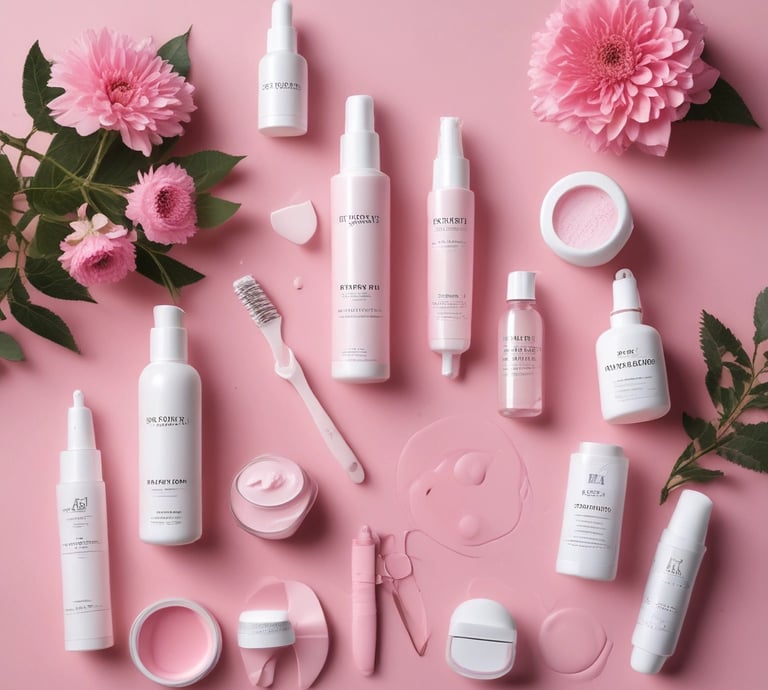 Various beauty and lifestyle items arranged aesthetically on a beige background. The items include a glass bottle with a dropper, an open jar of cream, a compact powder, a white candle, black sunglasses, a lip gloss, and large green leaves placed diagonally.