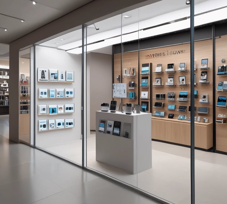 A small kiosk under a large tree, selling mobile accessories and repair services. It is named 'Ravi Communication', as indicated by signs on the storefront. The stand is neatly arranged with mobile phone covers and various accessories. A person is seated inside, seemingly attending to tasks.