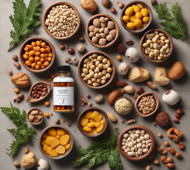 A collection of health supplement products is arranged against a pink backdrop. The items include bottles and containers labeled Diabet Gran Plus, Feno Gran Plus, Magne-Gran, and Gran Psyllium. A sprig of pink flowers in a glass vase adds a touch of nature to the composition.