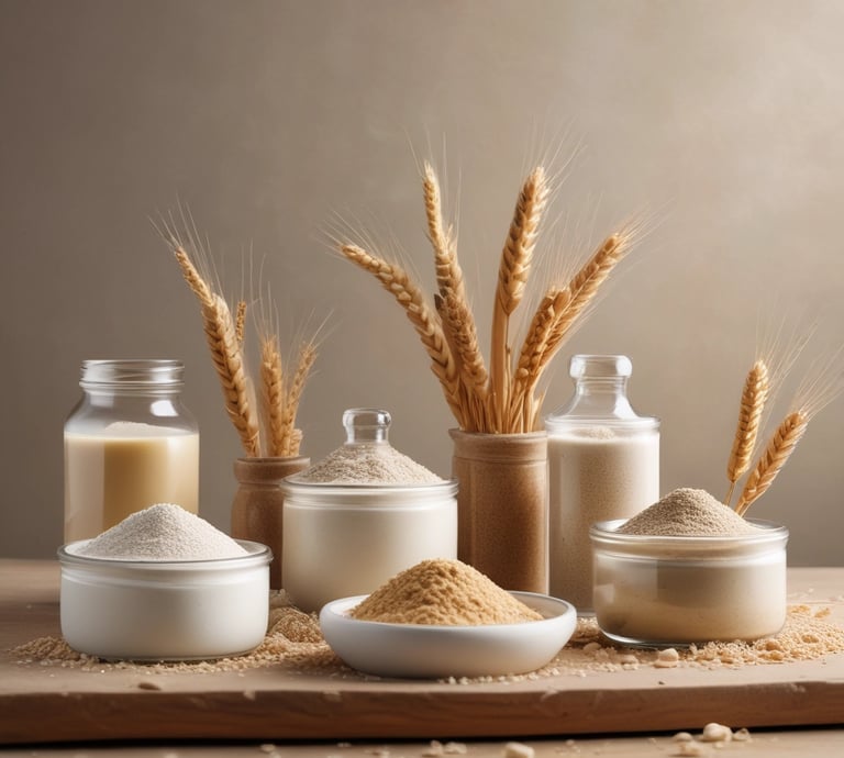 A variety of baking ingredients and tools are arranged on a polka dot green and white fabric surface. A bowl of flour, three eggs, a wooden rolling pin, a decorative jar of green glass, and a yellow honey pot with a bee-themed lid are present. Two bright yellow flowers add a pop of color.
