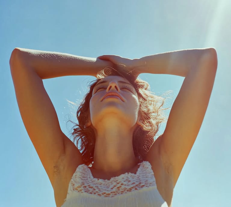 Mujer levantando los brzos tocandose la frente viendo hacia el sol