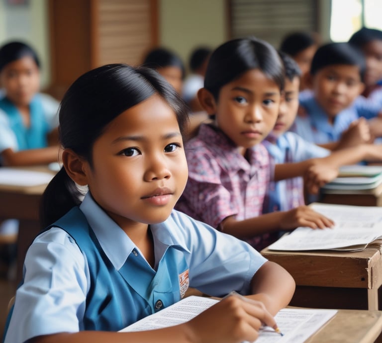 A group of children stands outside holding notebooks with covers showing a logo and photographs. They are wearing school uniforms consisting of white shirts and green shorts or skirts. The setting appears to be a schoolyard with buildings and a clear sky in the background.