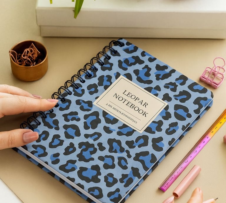 a woman's hand holding a notebook with a notebook and a pen