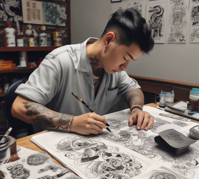 A collection of hand-printed clothing items featuring old school tattoo designs.