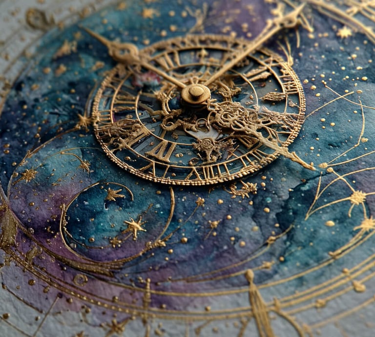 Celestial watercolor and acrylic mixed-media illustration of a golden astronomical clock by Sohlvian