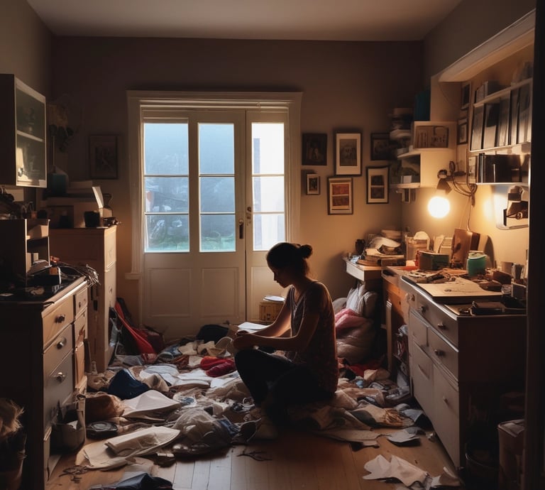 A person in a messy house cleaning it up