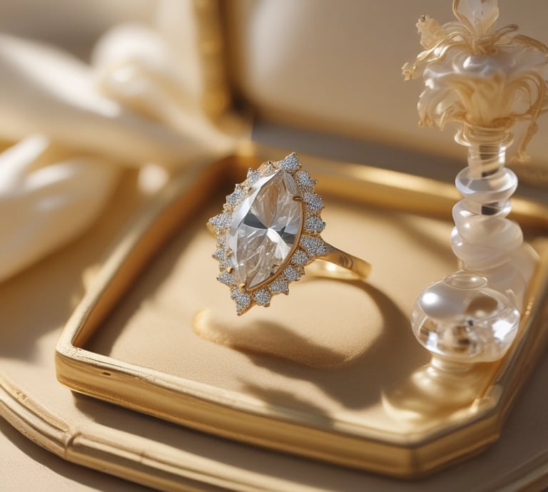 A large, elegant silver ring decorated with multiple square-cut gemstones is displayed on a cushioned white surface against a grey background. The ring's intricate design includes a detailed border surrounding the central stones, giving it a luxurious appearance.