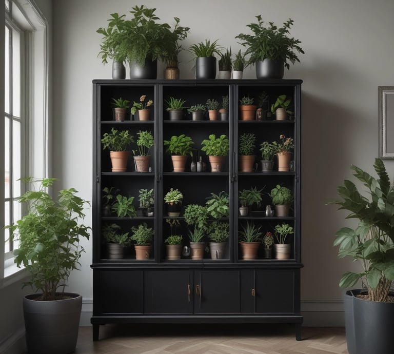 A collection of lush green plants with broad leaves is arranged in individual brown pots. The leaves are dense and exhibit a variety of green shades, with some plants having white blooms emerging. The setup is placed on a grid-patterned floor, providing a fresh and natural atmosphere.