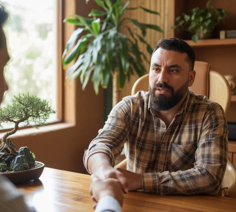 a man in a plaid shirt is sitting at a table
