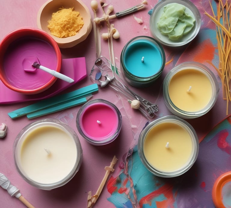A wooden box filled with hand-rolled yellow candles secured with paper bands and handwritten labels. The box is placed amidst open books or paper sheets with text. There are additional candles and string visible, giving a warm and rustic atmosphere.