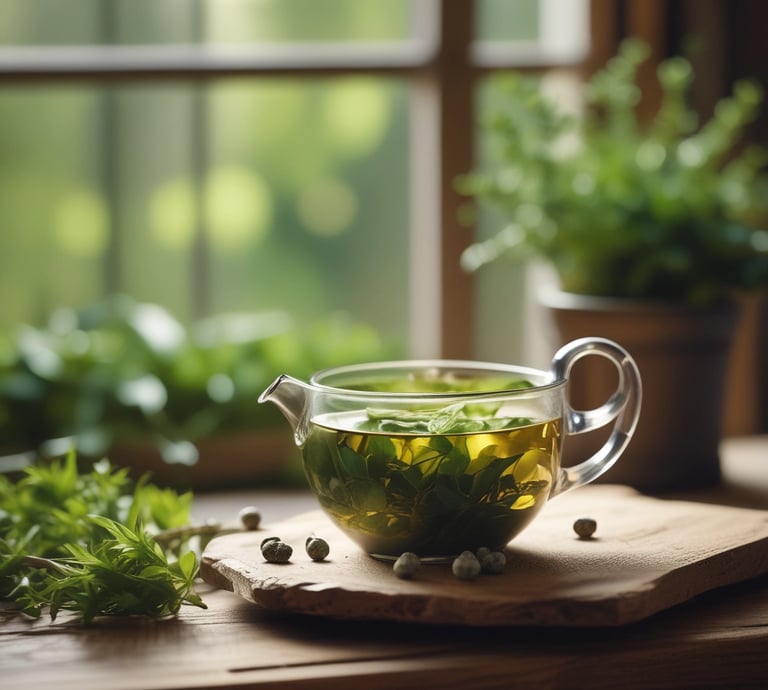 Chá herbal de plantas medicinais em xícara de vidro