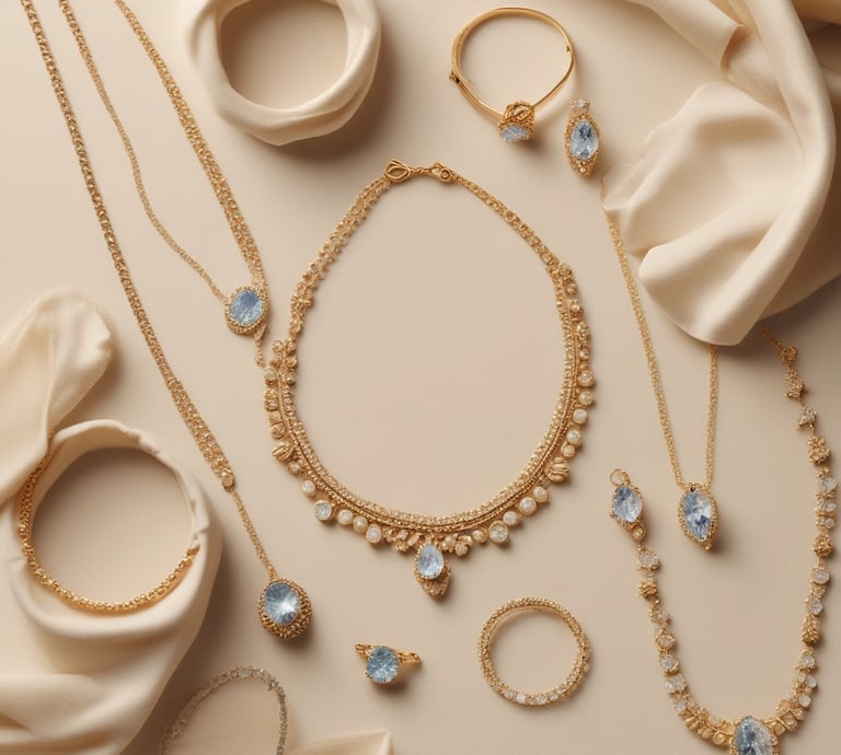 Several chains featuring large, glittering pendants and a bracelet are showcased, all encrusted with sparkling stones. The pendants and the bracelet have a gold hue, with the letters 'SM' prominently displayed on some of the pendants.