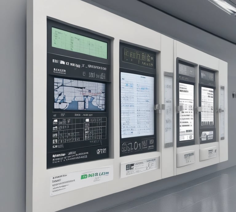 Several battery storage systems are organized in a room with a green floor. Each system is housed within a white metal frame, featuring black components and various wiring connections. Coiled cables hang on the wall, and some cables are on the floor in front of the systems.