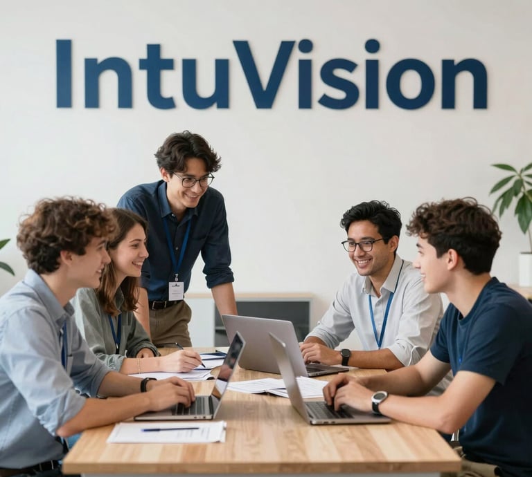 A diverse team collaborating around a digital dashboard filled with data visualizations.