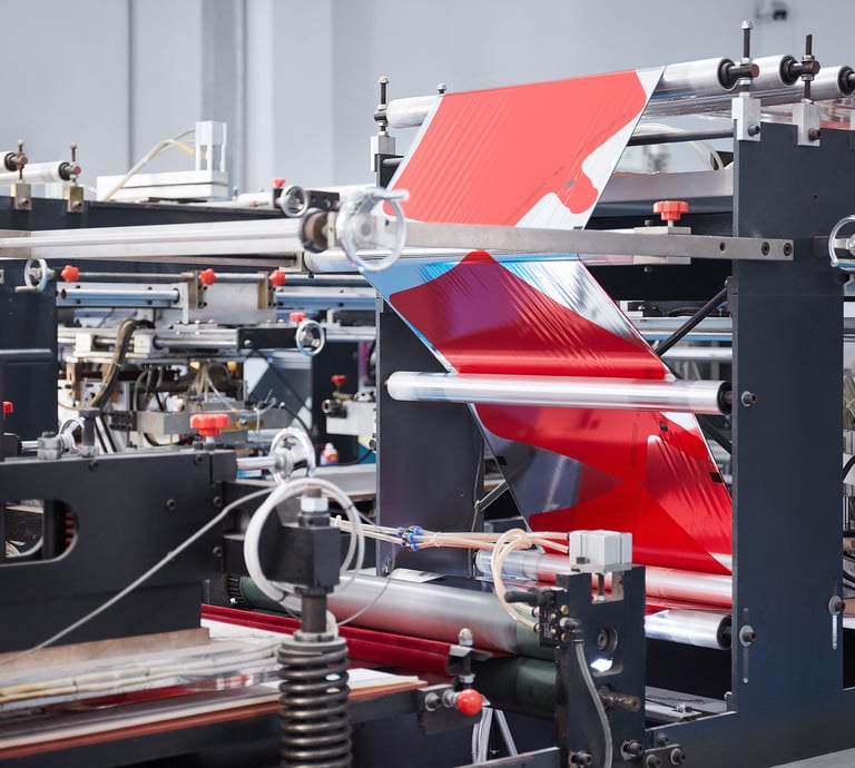 Industrial automated packaging machine processing red metallic film for high-speed manufacturing.