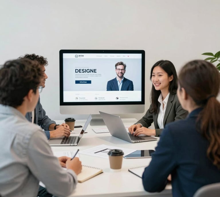 A friendly team meeting with local officials discussing website design plans.