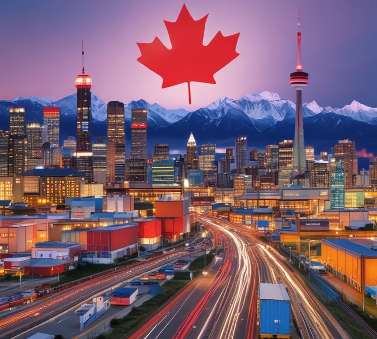 A vibrant market stall showcasing diverse international food products with Canadian shoppers browsing.