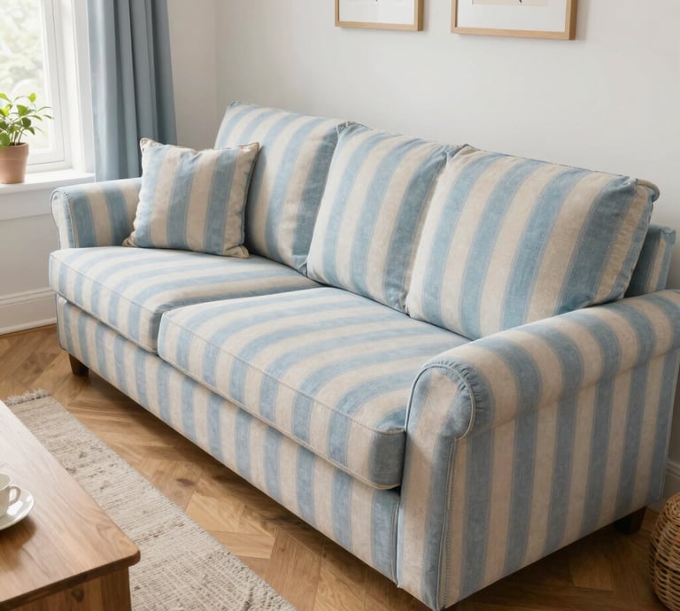Cozy living room with a custom linen sofa cover in soft natural tones