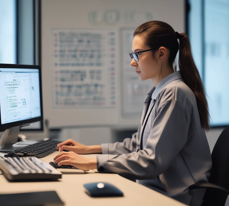 A focused cybersecurity expert analyzing digital data streams on multiple screens in a modern office.