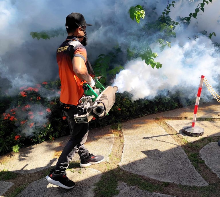 A pest control worker using a thermal fogging machine to spray insecticide smoke in a residential garden.