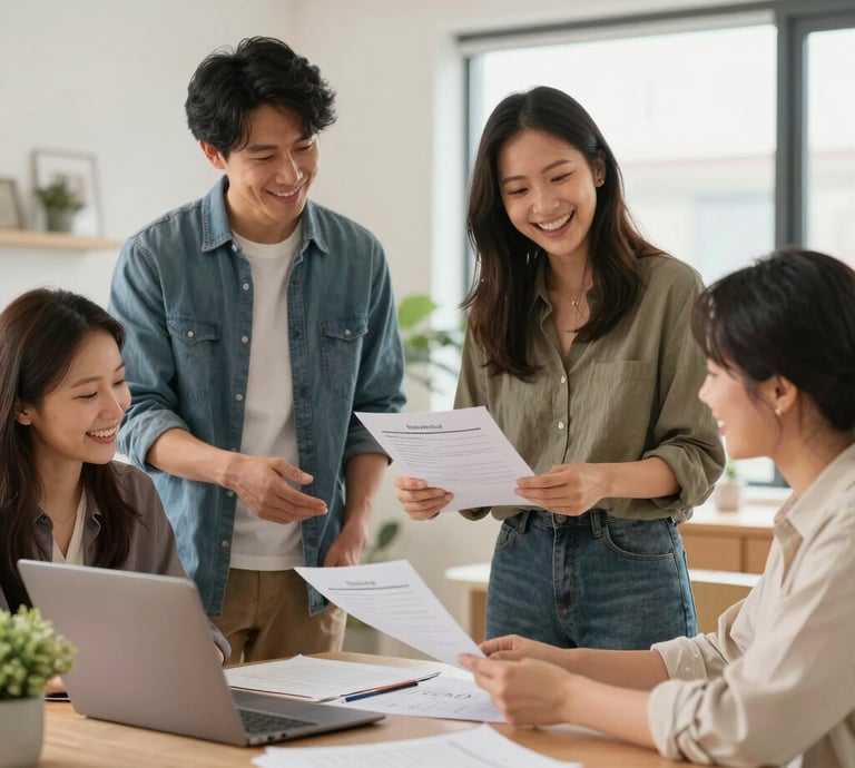A warm, welcoming office scene with friendly staff assisting a migrant worker with paperwork.