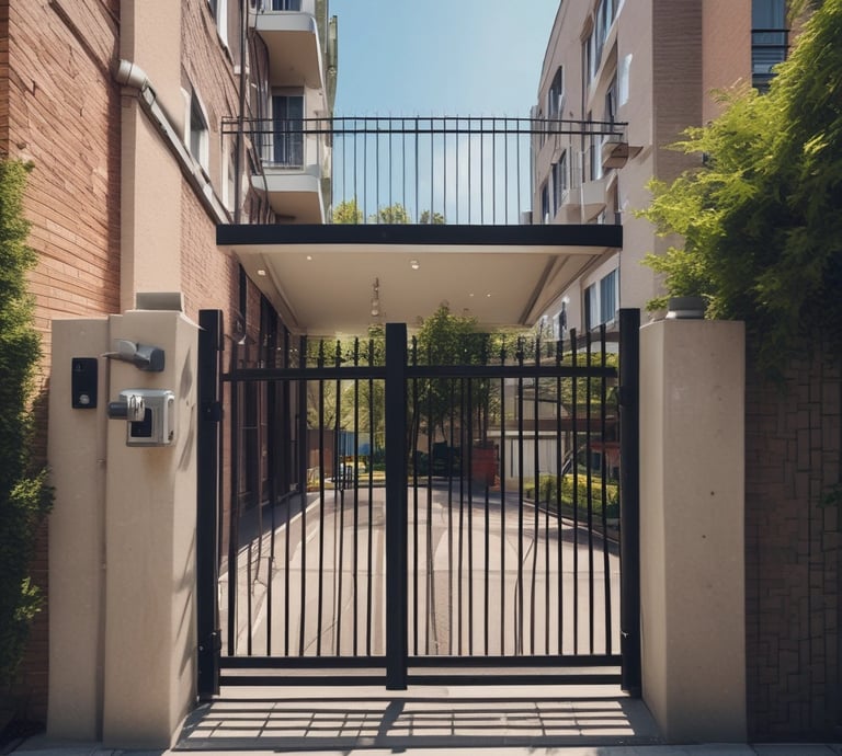 A modern security gate equipped with facial recognition and access control devices at a condominium entrance.