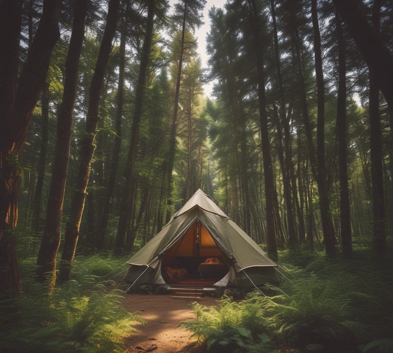 A cozy campsite setup with a tent, lantern, and camping gear under a starry night sky