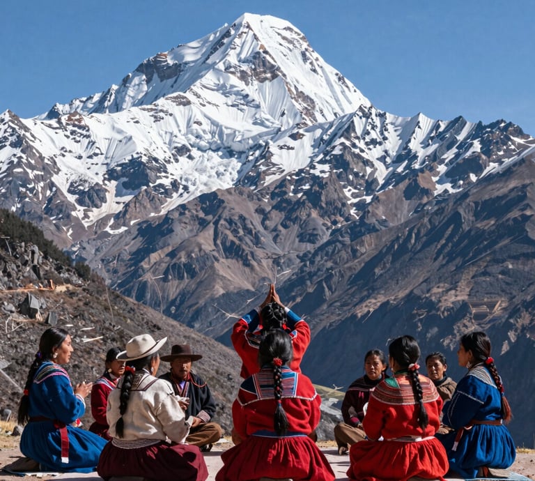 A serene mountain landscape of the Andes with a group practicing yoga at sunrise.