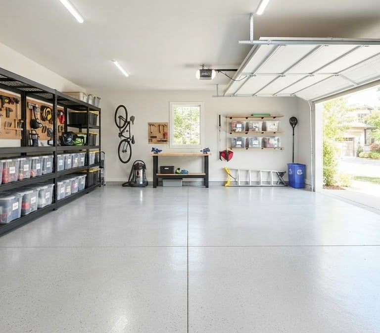 Organized garage workshop with black metal shelving, wall-mounted tool racks, and epoxy flooring.